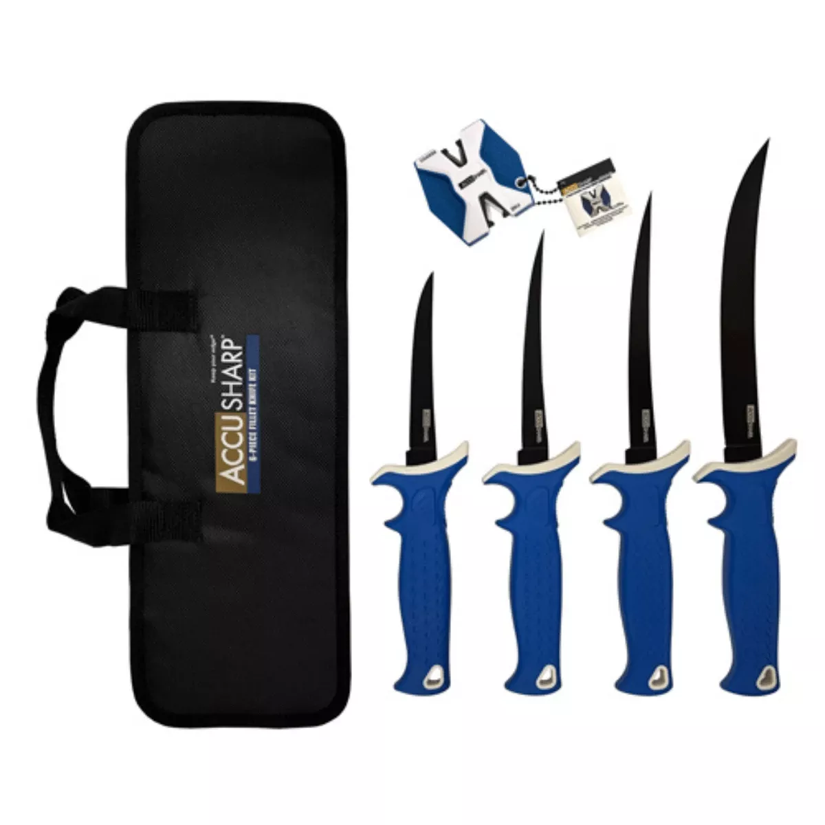 AccuSharp 737C Knife Kit 4.75/5.50/6.50/8" Fixed Fillet Plain Satin Stainless Steel Blade/ Blue Non-Slip Grip TPR Handle