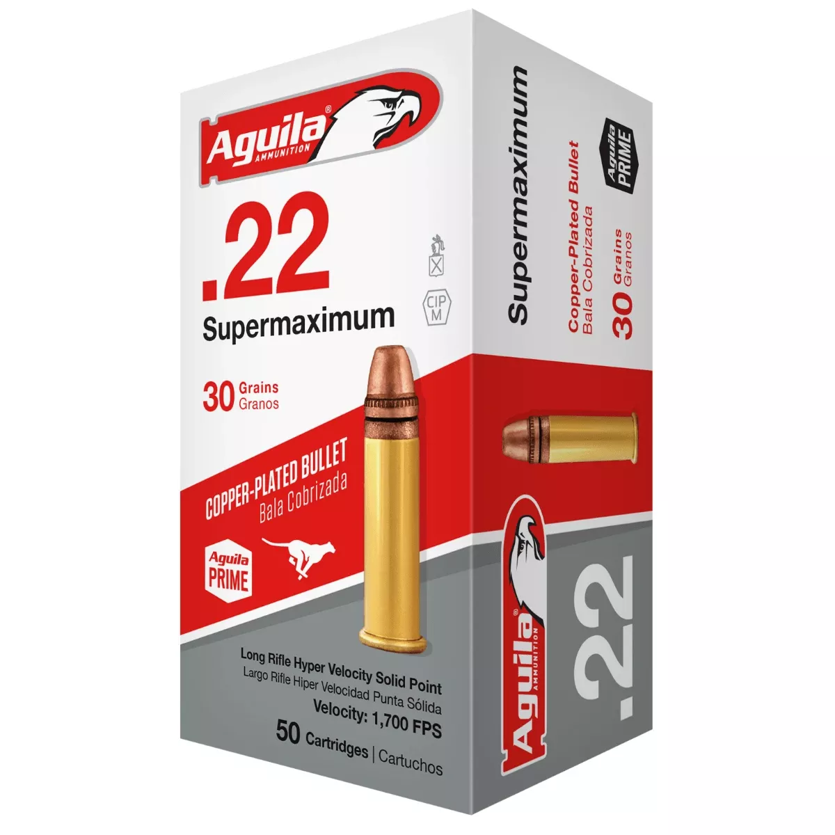 Aguila 1B220298 Supermaximum Rimfire 22 LR 30 gr Copper Plated Solid Point 50 Per Box/ 20 Case