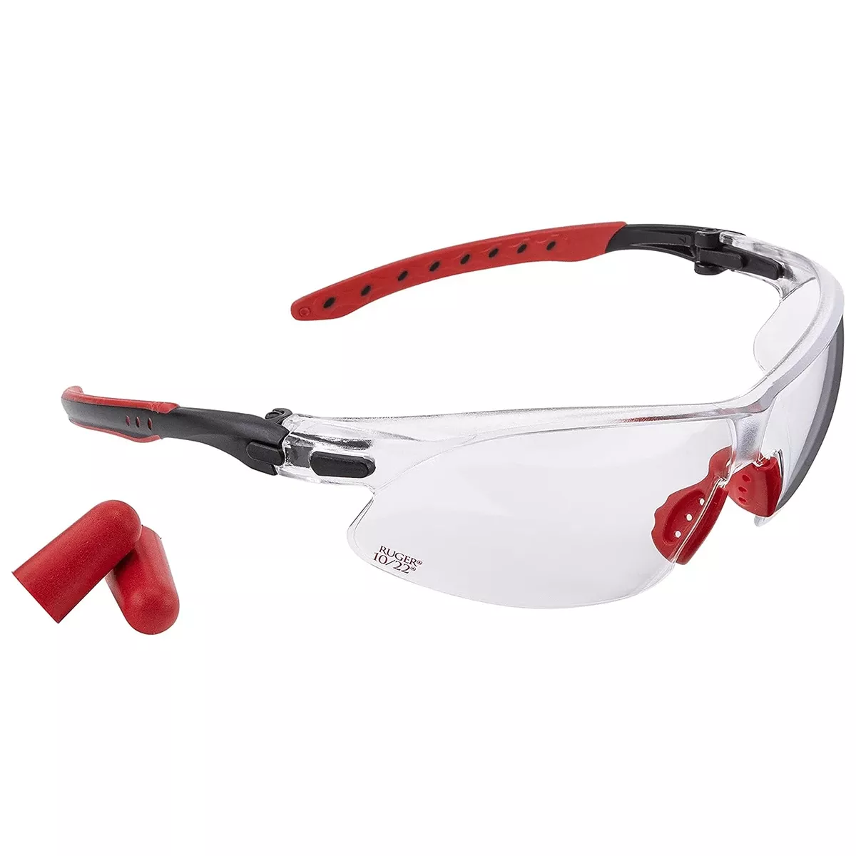 AllenRuger 10/22 Gun Safety Shooting Glasses and Foam Ear Plugs - Adult Clear Lens Black/Red Frame
