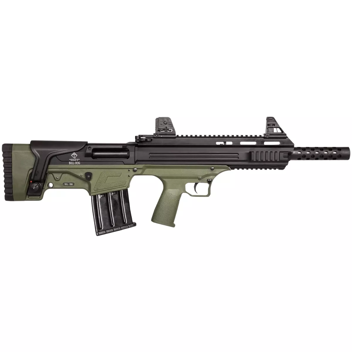 ATI ATIG20BDG Bulldog 20 Gauge Semi-Auto 3" 5+1 18.50" Black Steel Barrel, Black Aluminum Receiver, Picatinny Mount, Green Fixed Bullpup Stock