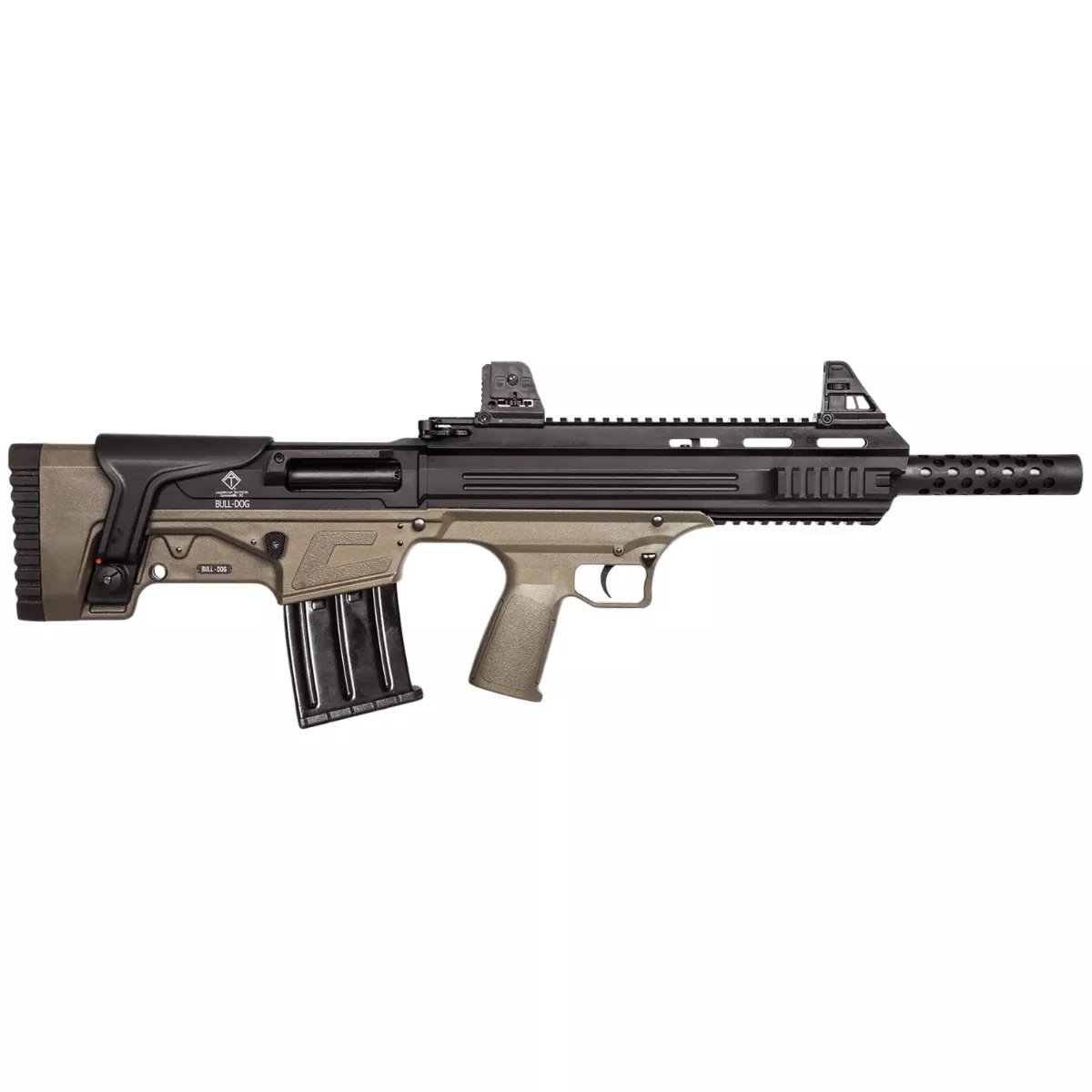 ATI ATIG20BDT Bulldog 20 Gauge Semi-Auto 3" 5+1 18.50" Black Steel Barrel, Matte Black Aluminum Receiver, Picatinny Mount, Tan Fixed Bullpup Stock