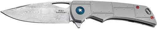 Boker 01Bo910Dam P-51 Damast 3.35" Drop Point Plain Silver Acid Etch Damascus Blade Titanium Handle