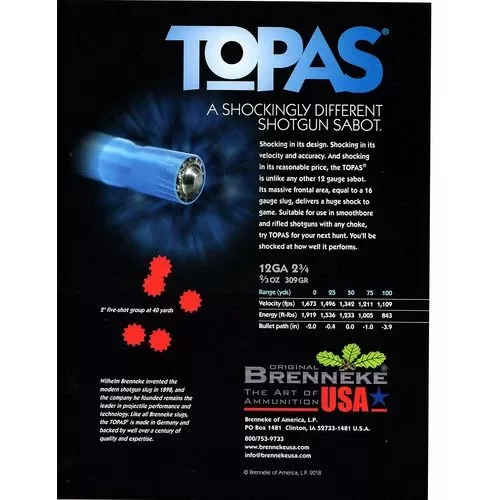 Brenneke TOPAS Sabot12 Gauge 2.75" 2/3 oz Sabot Slug Shot 5 Bx