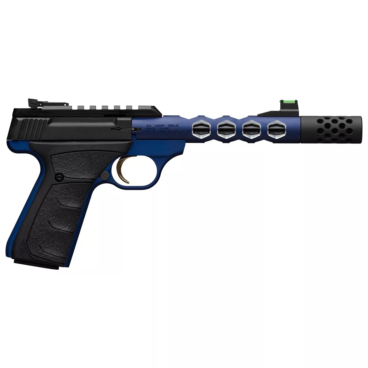 Browning 051562490 Buck Mark Plus 22 LR 10+1 5.90" Vision, Threaded w/Sawtooth Cuts Barrel, Matte Black Optic Ready/Serrated Steel Slide, Blue Anodized Aluminum Black Ultragrip FX Grips