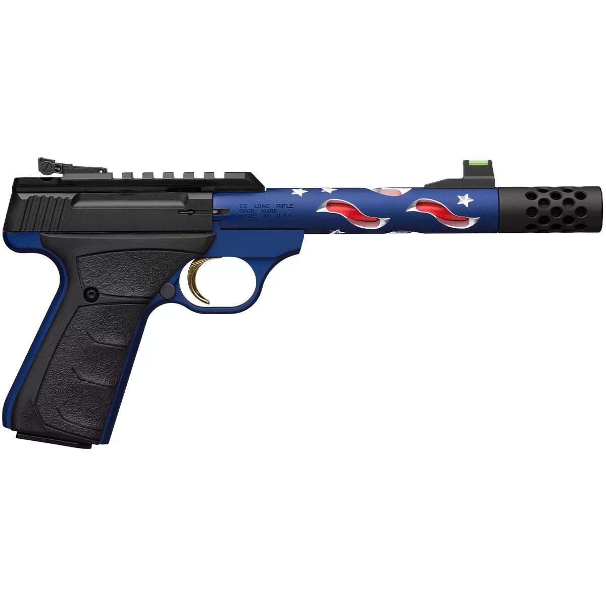 Browning 051572490 Buck Mark Plus Vision SR 22 LR 10+1 5.87" Americana Themed Steel Threaded w/Muzzle Brake Barrel, Matte Black Optic Ready/Serrated Steel Slide, Blue Anodized Aluminum Frame w/ Black Ultragrip FX Grips