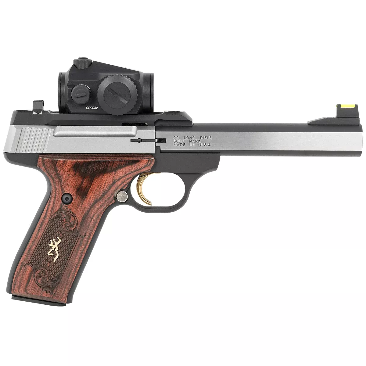 Browning 051581490 Buck Mark Medallion 22 LR 10+1 5.50" Blackened Stainless Slab Side Steel Barrel, Stainless Serrated Slide, Matte Black Aluminum Frame, Rosewood Laminate w/Gold Buckmark Grips Features Vortex Crossfire Red Dot