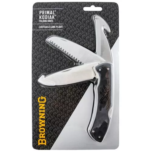 Browning 3220430 Primal Kodiak 3.75" Folding Drop Point/Gut Hook/Saw Gut Hook/Saw/Plain 8Cr13MoV SS Blade Black Polymer Over-mold Handle