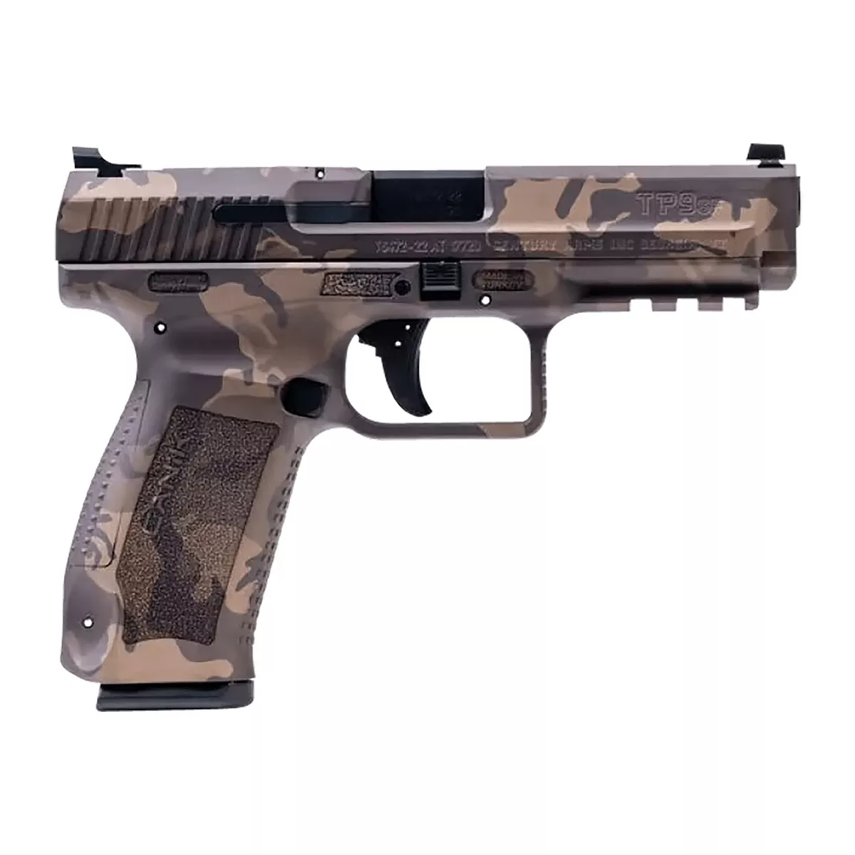 Canik HG4865WBN TP9SF Full Size Frame 9mm Luger 18+1 4.46" Black Nitride Match Grade Barrel, Woodland Bronze Camo Serrated Steel Slide & Polymer Frame w/Picatinny Rail, Black Interchangeable Backstrap Grip