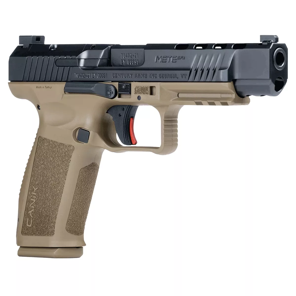 Canik HG5635N Mete SFx Full Size Frame 9mm Luger 20+1/18+1, 5.20" Black Match Grade Barrel Black Nitride Serrated Steel Slide, Flat Dark Earth Polymer Frame w/Picatinny Rail, Ambidextrous