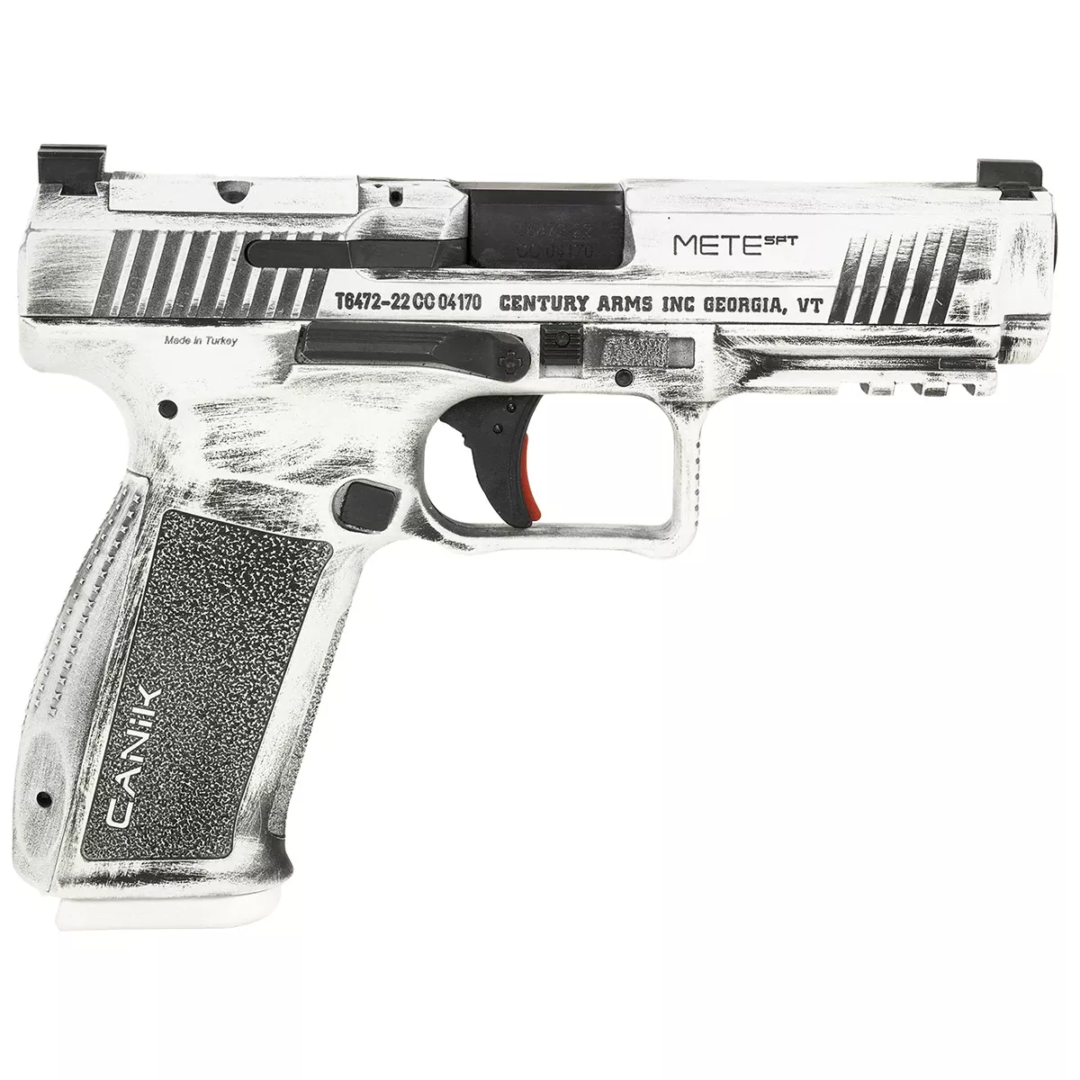 Canik HG5636ADN Mete SFT Exclusive Finish Full Size Frame, 9mm Luger 20+1/18+1, 4.46" Black Match Grade Barrel, Arctic Distressed Cerakote Optic Ready/Serrated Steel Slide, Polymer Frame w/Beavertail & Picatinny Rail, Ambidextrous