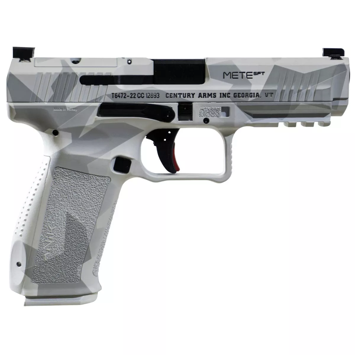 Canik HG5636AWSN Mete SFT Exclusive Finish Full Size Frame 9mm Luger 20+1/18+1, 4.46" Black Match Grade Barrel, Arctic Splinter Cerakote Optic Ready/Serrated Steel Slide, Polymer Frame w/Beavertail & Picatinny Rail, Ambidextrous