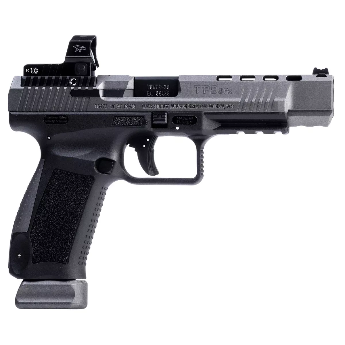 Canik HG7166GN TP9SFx 9mm Luger 20+1 5.20" Match Grade Barrel, Tungsten Gray Cerakote Optic Ready/Serrated w/Ports Steel Slide, Black Polymer Frame w/Picatinny Rail, Interchangeable Backstrap Grip MeCanik MO2 Red Dot, Ambidextrous