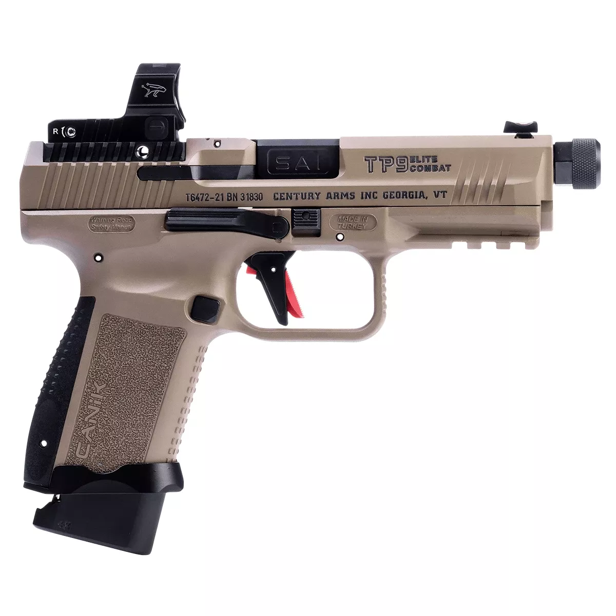 Canik HG7167DN TP9 Elite Combat 9mm Luger 18+1, 4.73" Black Nitride Match Grade Threaded Barrel, Flat Dark Earth Cerakote Optic Ready/Serrated Steel Slide, Polymer Frame w/Picatinny Rail, Black Interchangeable Backstrap, MeCanik MO2 Red Dot