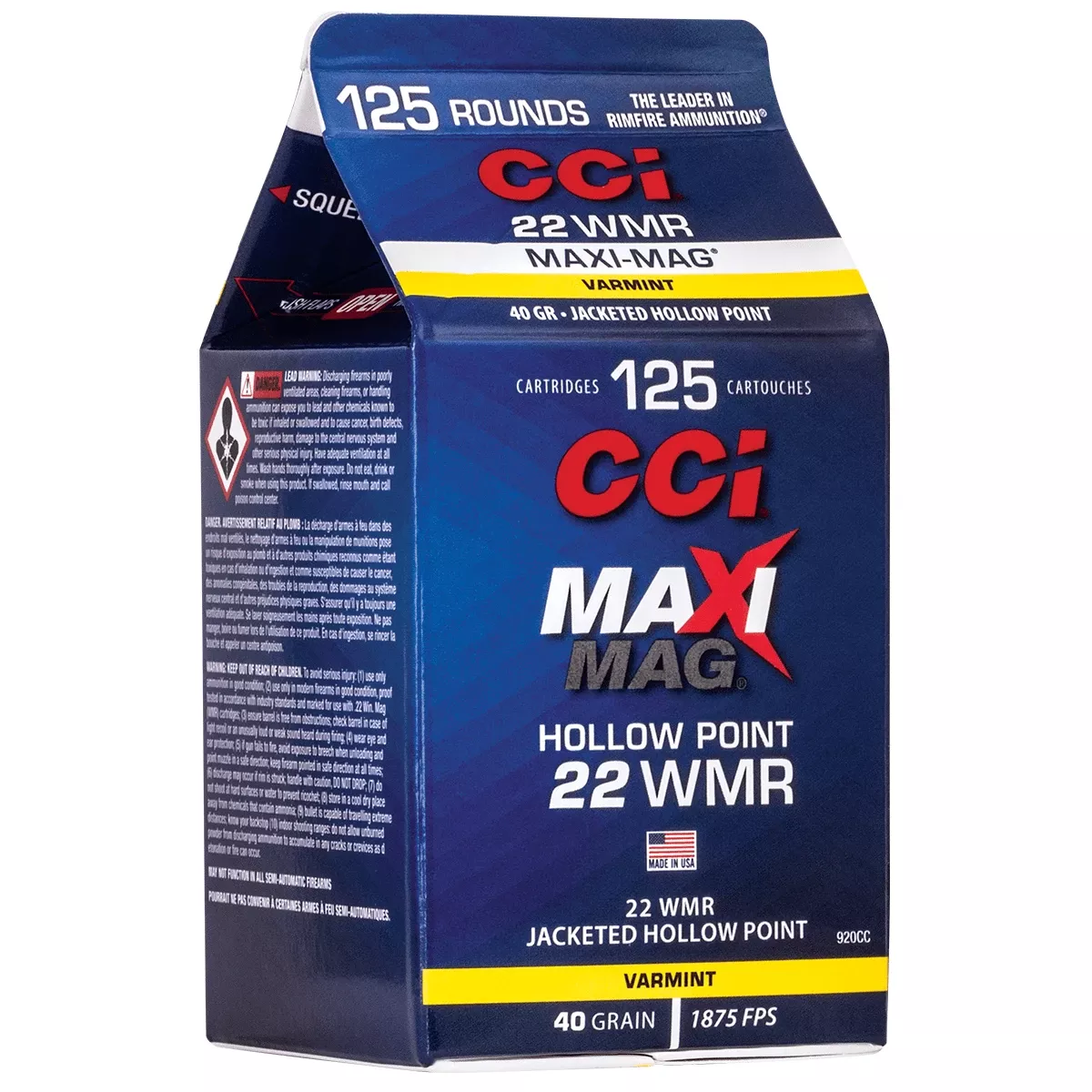 CCI 920CC Maxi-Mag Rimfire 22 WMR 40 gr Jacket Hollow Point 125 Per Box/ 10 Case