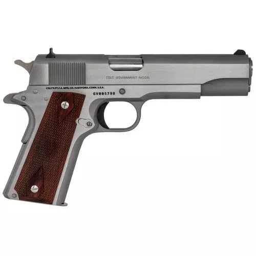 Colt Mfg O1911CSS 1911 Government 45 ACP 7+1 5" Stainless National Match Barrel, Serrated Steel Slide & Frame w/Beavertail, Rosewood Grip