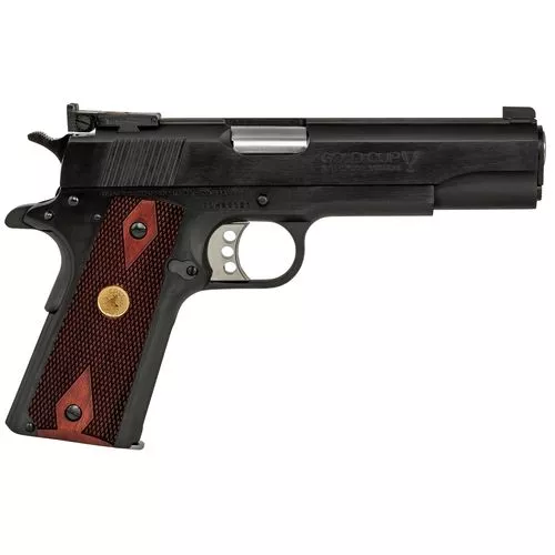 Colt Mfg O5873A1 1911 Government Gold Cup National Match 38 Super 9+1 5" Stainless National Match Barrel, Blued Serrated Steel Slide & Frame w/Beavertail, Double Diamond Checkered Rosewood Grip, Ambidextrous