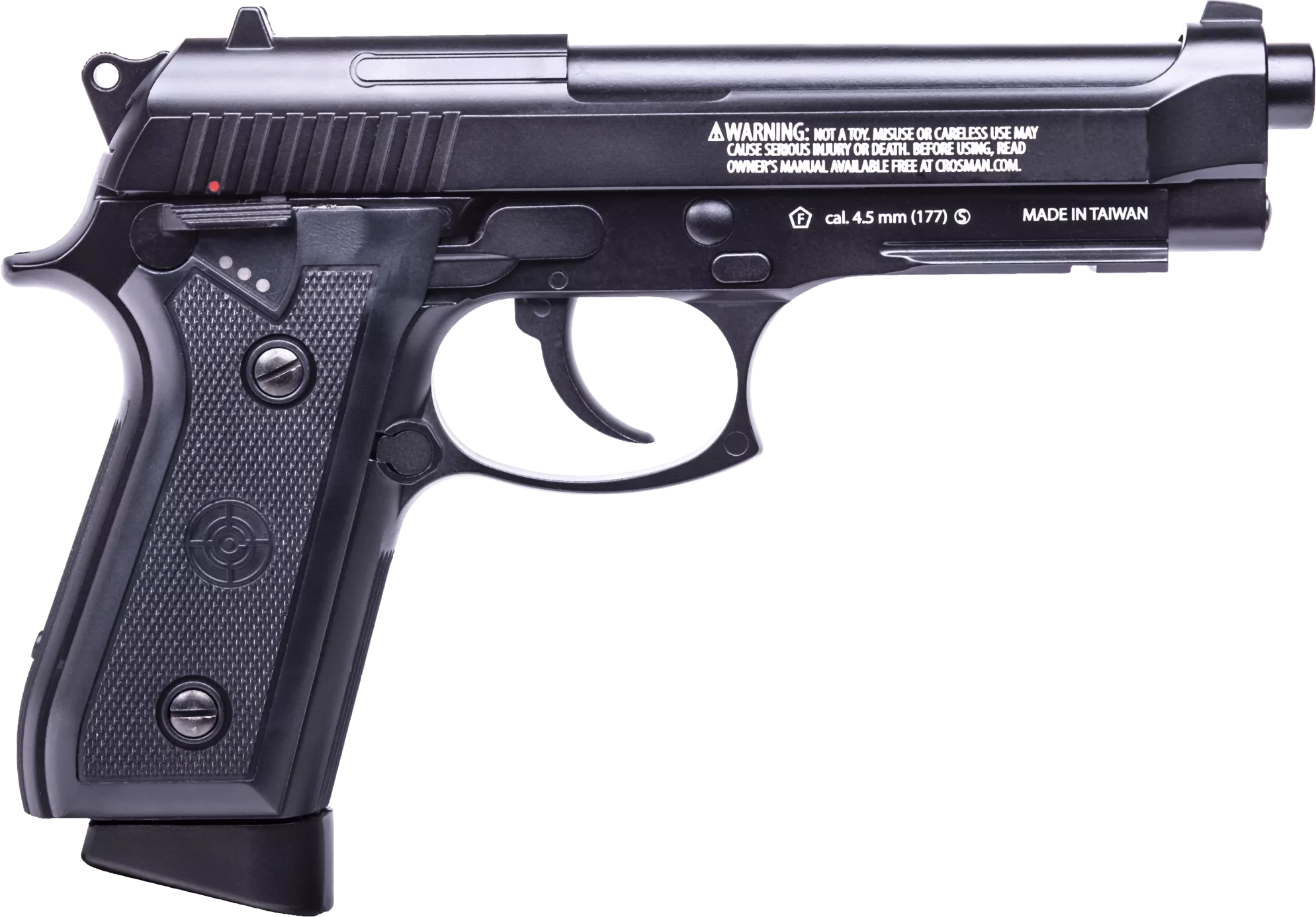 Crosman PFAM9B Full Auto Air Pistol CO2 177 BB 20rd Smooth Bore Brass Barrel, Blow Back Action, Fixed Front/Notched Rear Sights, Full Metal Frame, Black Polymer Grips, Selector Safety