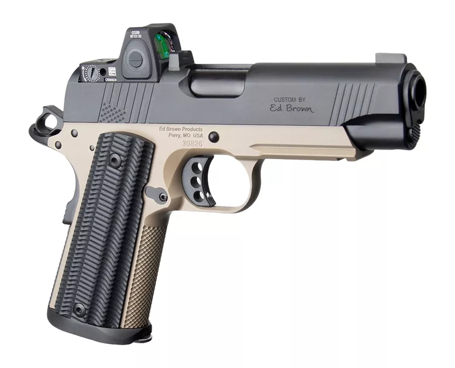 Ed BrownSpecial Forces Commander SOCOM w/Optic 45 ACP 7+1 4.25″ Black Nitride Barrel, Black Gen4 Stainless Steel Serrated w/Optic Slide, Flat Dark Earth Gen4 Stainless Steel Frame w/Accessory Rail,