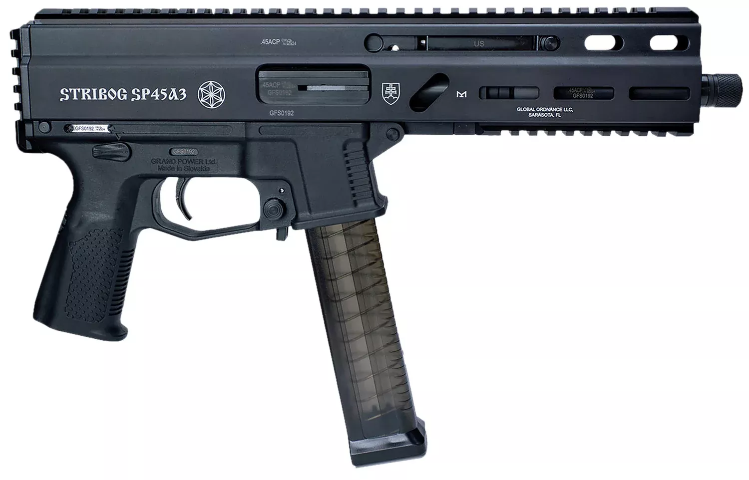 Global Ordnance Grand Power Stribog SP45A3 45 ACP 8" 20+1 Semi-Auto Pistol