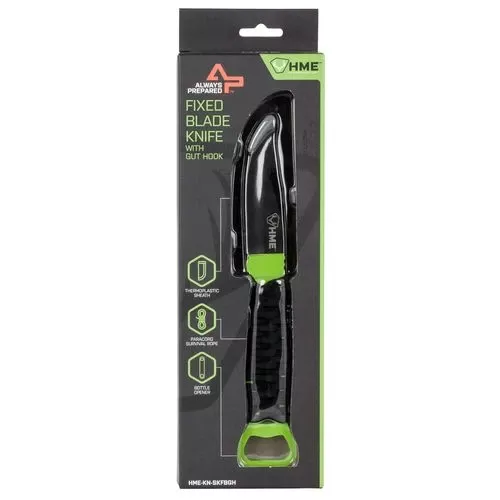 HME HMEKN-SKFBG Skeleton4.5" Fixed Gut Hook Plain Black Oxide SS Blade Cord Wrapped Green Micarta Handle
