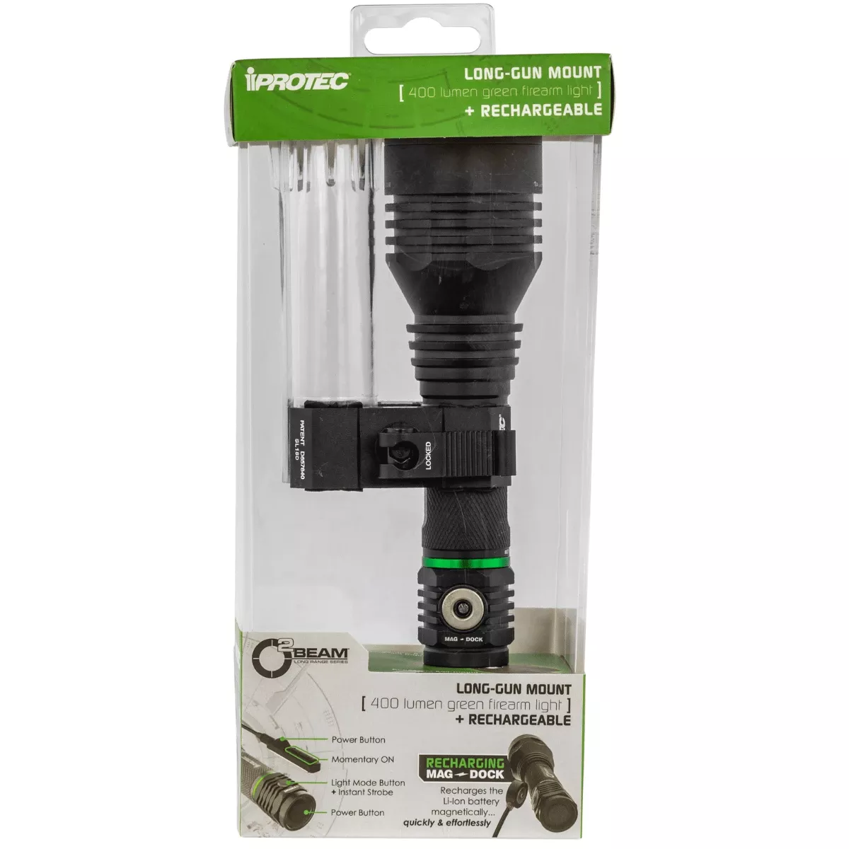 iProtec 6689 O2 Beam Long Range Series Black Anodized Aluminum Green 40/400 Lumens, Rechargeable