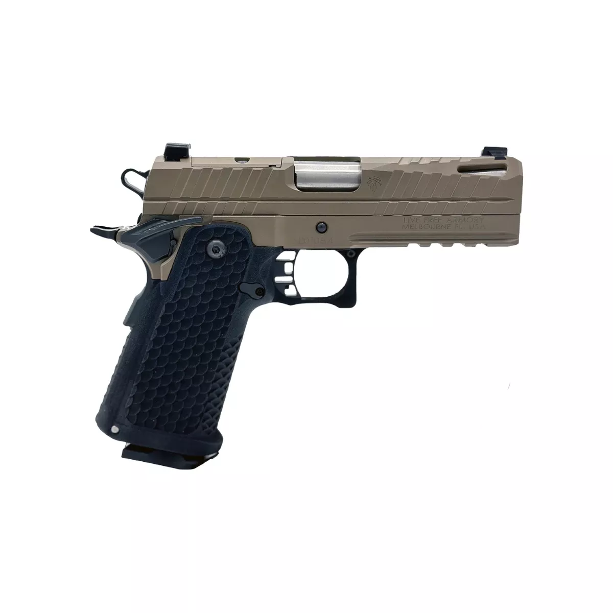 Live Free Armory LFAPC71302 Apollo 11 Compact Frame 9mm Luger 17+1 4.15" Stainless Match Grade Bull Barrel, Elite FDE Cerakote Optic Cut/Serrated Stainless Steel Slide, Elite FDE Cerakote Steel Frame w/Beavertail & Picatinny Rail
