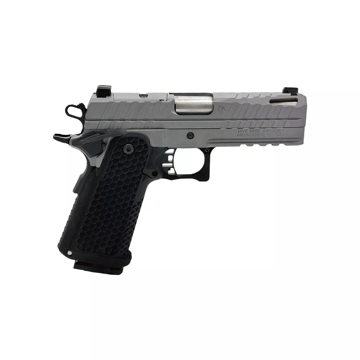Live Free Armory LFAPC81303 Apollo 11 Compact Frame 9mm Luger 17+1 4.15" Stainless Match Grade Bull Barrel, Elite Gray Cerakote Optic Cut/Serrated Stainless Steel Slide, Elite Gray Cerakote Steel Frame w/Beavertail & Picatinny Rail