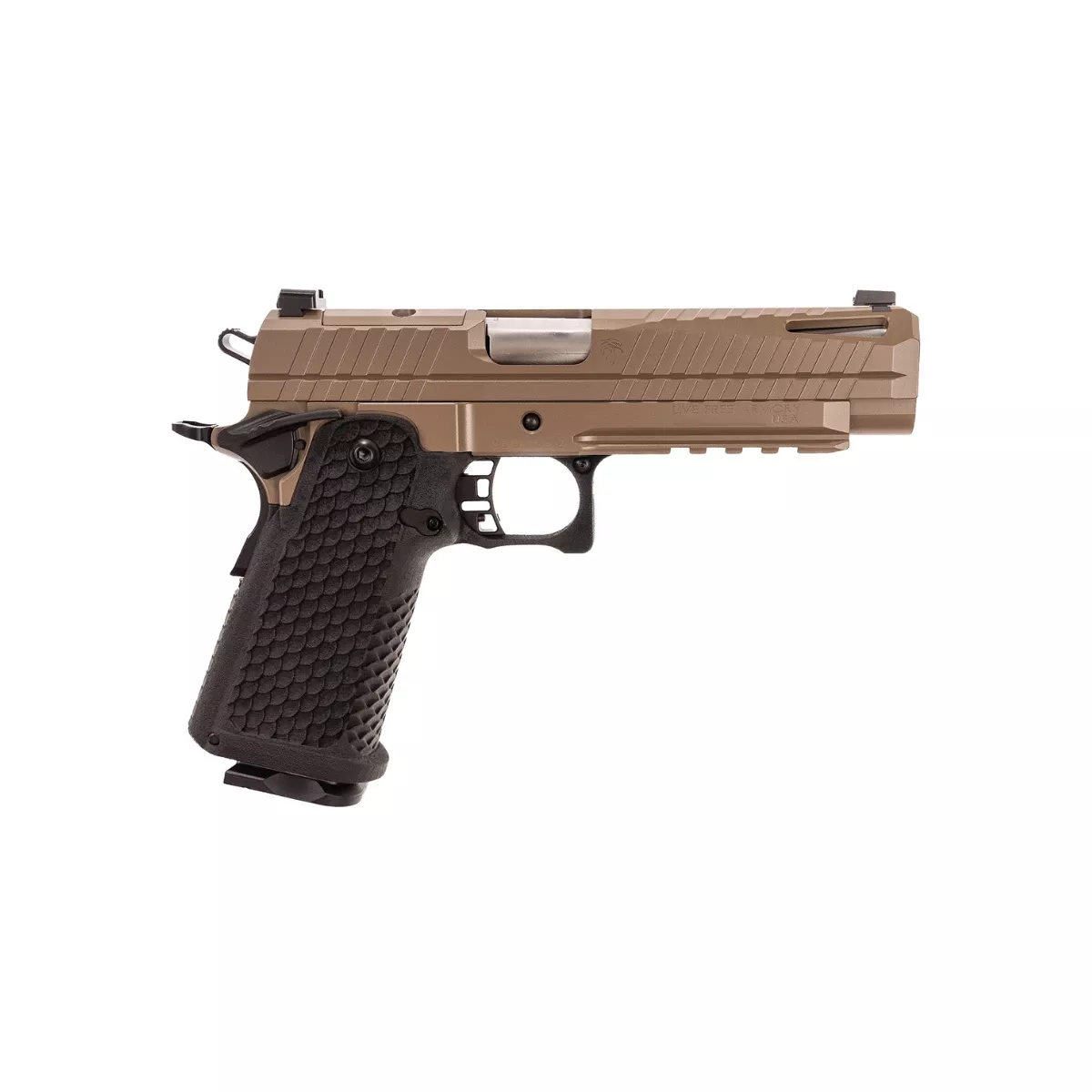 Live Free Armory LFAPF71202 Apollo 11 Full Size 9mm Luger 17+1 4.90" Stainless Match Grade Bull Barrel, Elite FDE Cerakote Optic Cut/Serrated Stainless Steel Slide, Elite FDE Cerakote Steel Frame w/Beavertail & Picatinny Rail