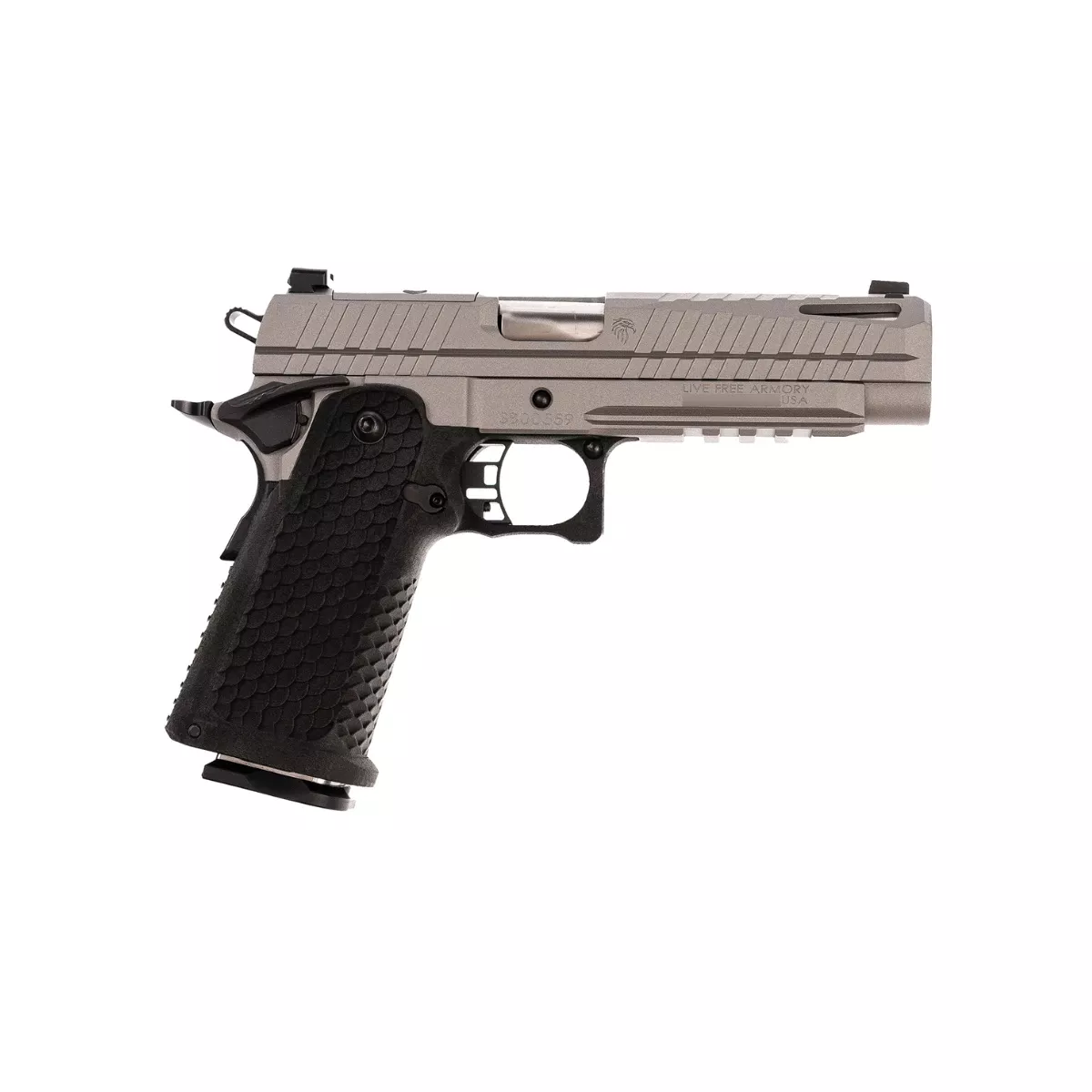 Live Free Armory LFAPF81203 Apollo 11 Full Size 9mm Luger 17+1 4.90" Stainless Match Grade Bull Barrel, Elite Gray Cerakote Optic Cut/Serrated Stainless Steel Slide, Elite Gray Cerakote Steel Frame w/Beavertail & Picatinny Rail