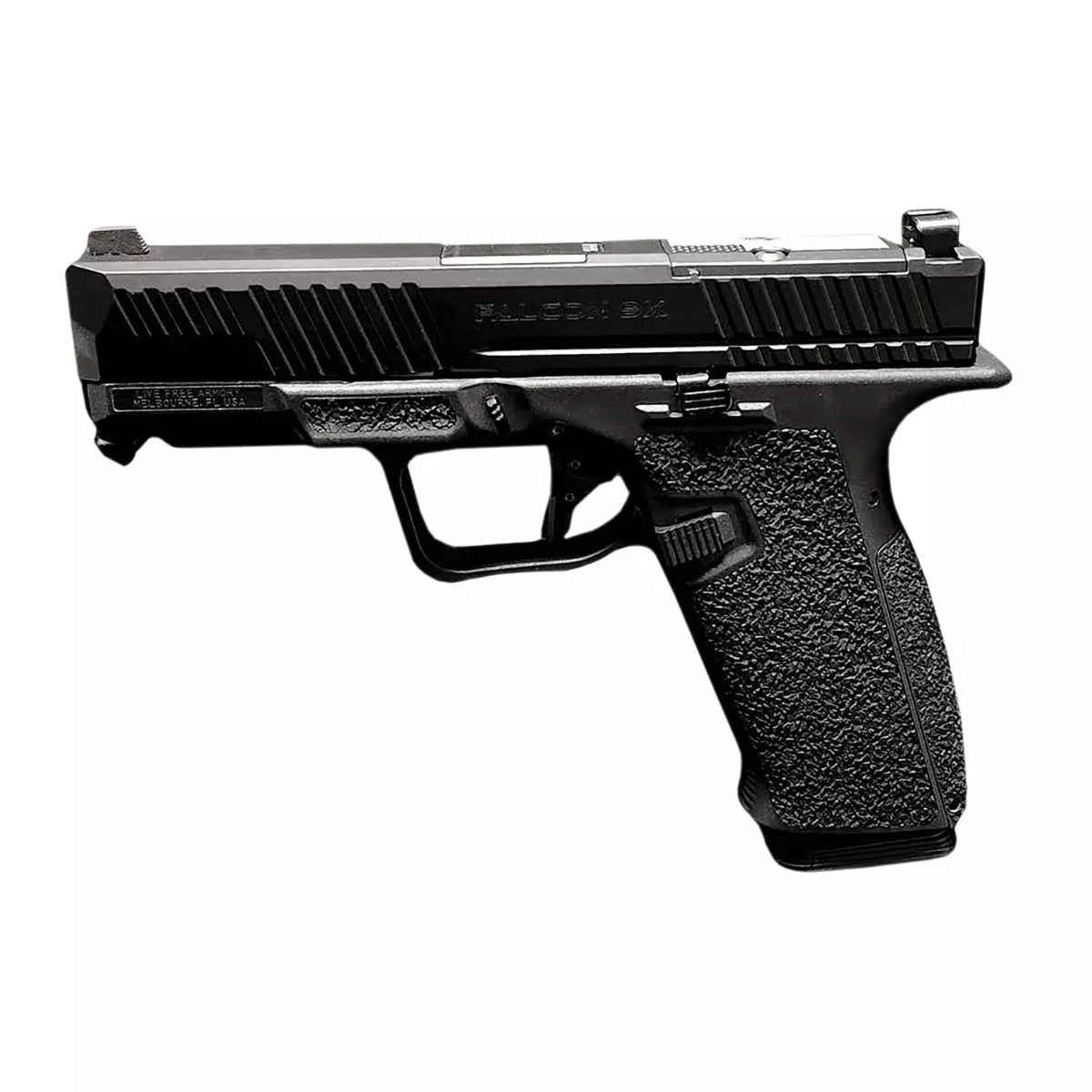 Live Free Armory LFF991011 Falcon 9X 9mm Luger 17+1 4.02" Black Nitride Steel Barrel, Elite Black Cerakote Optic Cut/Serrated Stainless Steel Slide & Cerakote Polymer Frame w/Beavertail & Picatinny Rail Textured Grip