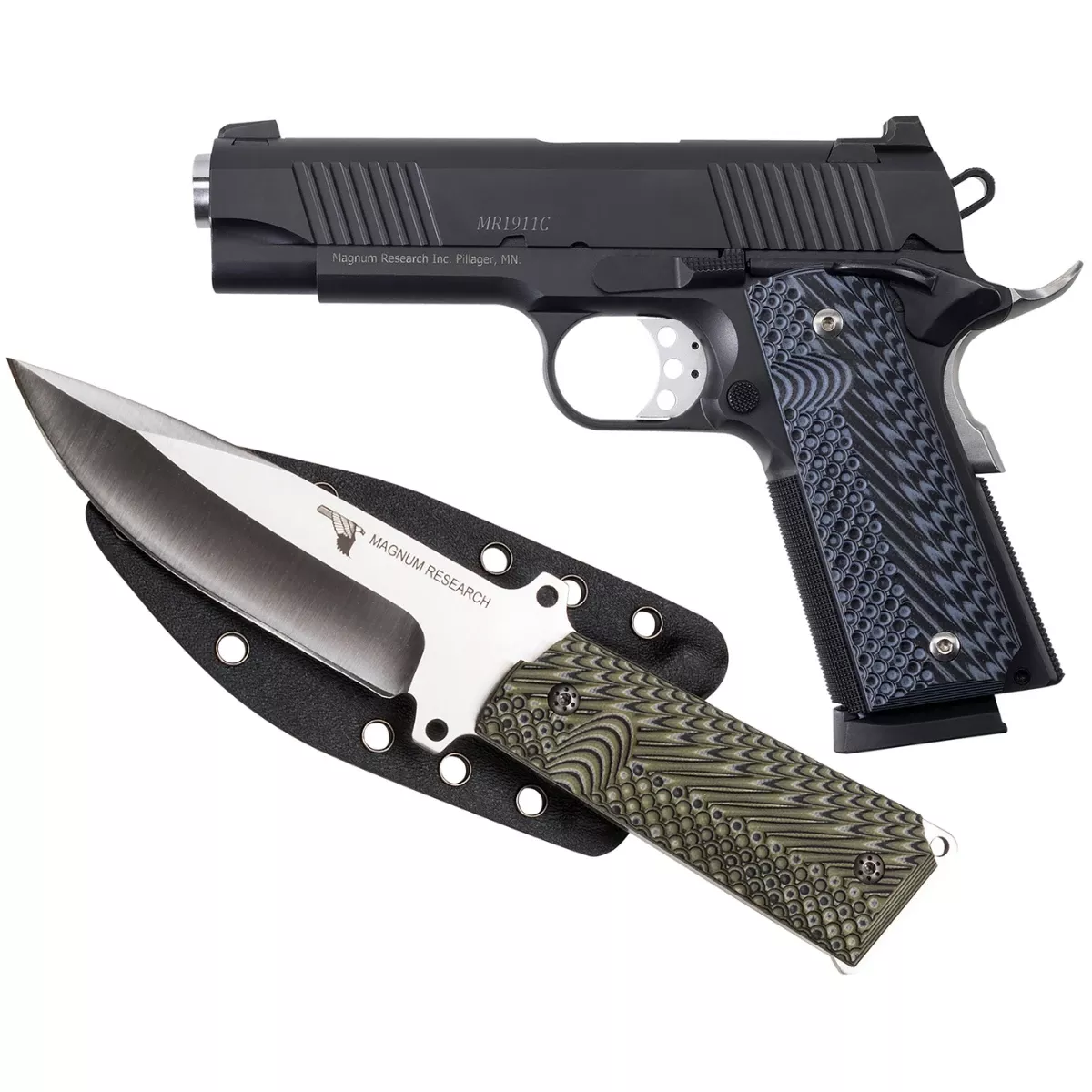 Magnum Research DE1911C9K 1911C w/Knife 9mm Luger 8+1, 4.33" Black Steel Bull Barrel, Black Serrated Carbon Steel Slide, Black Carbon Steel Frame w/Checkered Front Strap & Beavertail, Black/Gray G10 Grip Beavertail Grip/Manual Thumb Safety