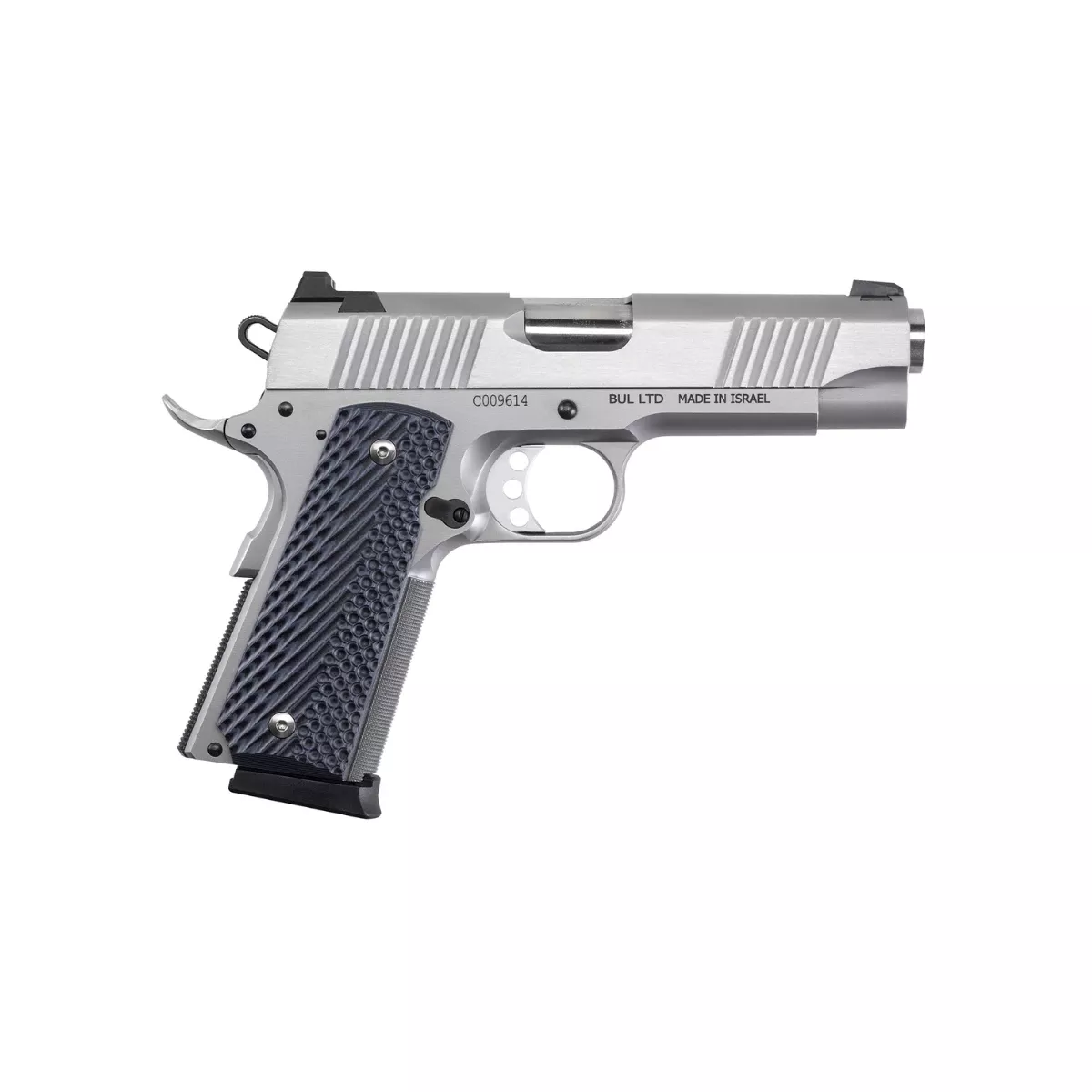 Magnum Research DE1911C9SS 1911C 9mm Luger 8+1, 4.33" Stainless Steel Bull Barrel, Stainless Serrated Steel Slide, Stainless Steel Frame w/Checkered Front Strap & Beavertail, Black/Gray G10 Grip, Beavertail Grip/Manual Thumb Safety
