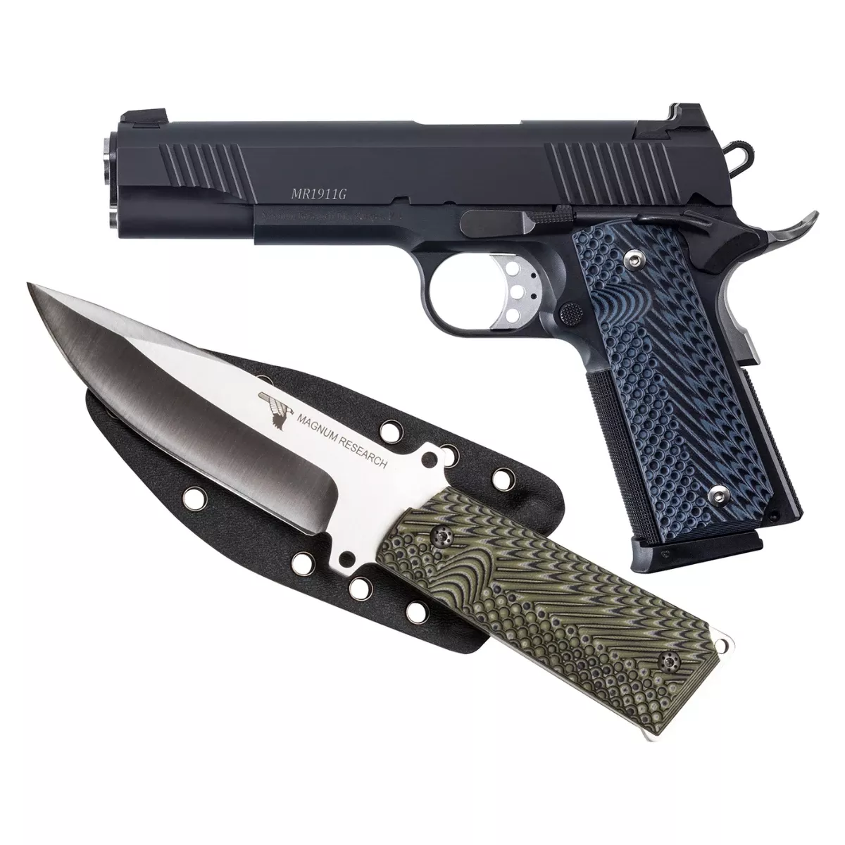 Magnum Research DE1911G9K 1911G w/Knife 9mm Luger 8+1, 5" Black Steel Bull Barrel, Black Serrated Carbon Steel Slide, Black Carbon Steel Frame w/Checkered Front Strap & Beavertail, Black/Gray G10 Grip, Beavertail Grip/Manual Thumb Safety