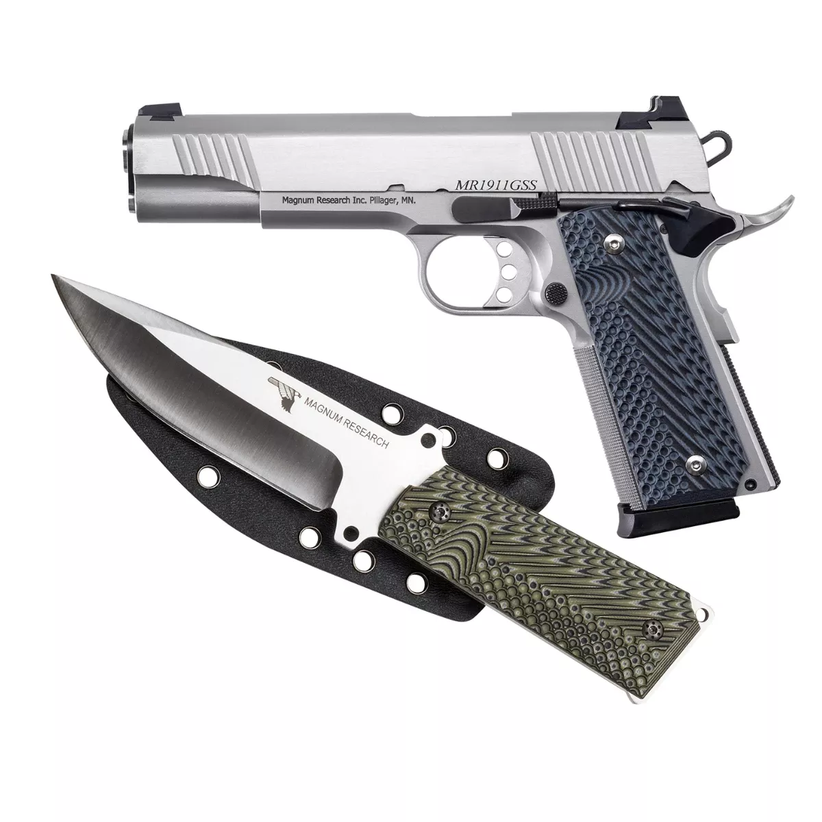 Magnum Research DE1911G9SSK 1911G w/Knife 9mm Luger 8+1, 5" Stainless Steel Bull Barrel, Stainless Serrated Steel Slide, Stainless Steel Frame w/Checkered Front Strap & Beavertail, Black/Gray G10 Grip, Beavertail Grip/Manual Thumb Safety