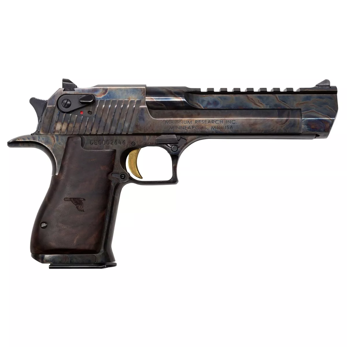 Magnum Research DE50CH Desert Eagle Mark XIX 50 AE 7+1, 6" Color Case Hardened Carbon Steel w/Picatinny Rail Barrel, Clear Cerakote Color Case Hardened Serrated Carbon Steel Slide & Frame w/Beavertail, Walnut w/Engraved Desert Eagle Logo Grip