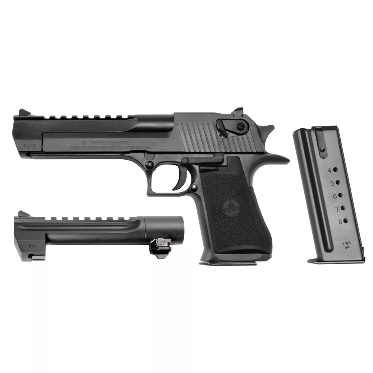 Magnum Research DE50WB6 Desert Eagle Mark XIX Conversion Combo 50 AE/44 Rem Mag 7+1/8+1, 6" Black Carbon Steel w/Picatinny Rail Barrel, Black Serrated Carbon Steel Slide & Frame w/Beavertail, Black Rubber Grip, Ambidextrous Safety, Right Hand