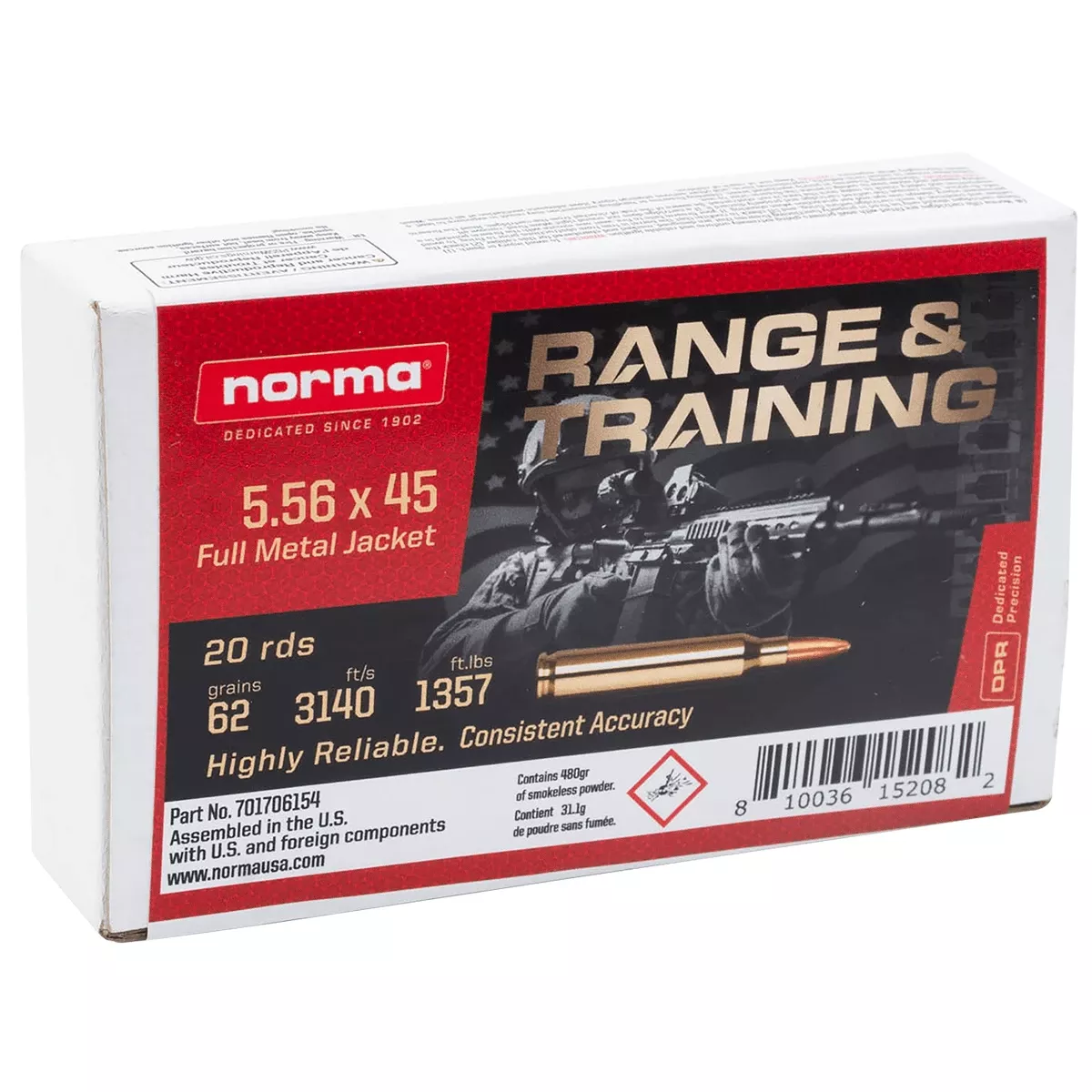 Norma Ammunition 701706154 Range & Training 5.56x45mm NATO 62 gr FMJ 20 Per Box