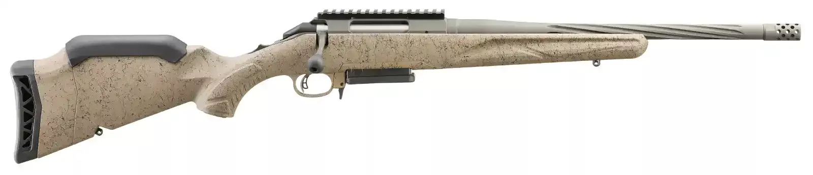 RUGER AMERICAN G2 RANCH RFL 243 WIN 16.1″ FDE SPLATTER 3RD AI STYLE MAG