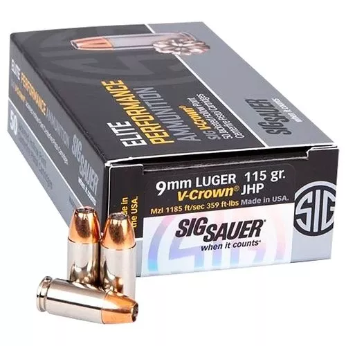 Sig Sauer E9MMJHP115-50 Elite V-Crown9mm Luger 115 gr Jacketed Hollow Point (JHP) 50 Bx