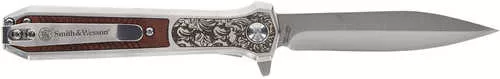 Smith & Wesson Knives 1205011 Unwavered 3.50" Folding Dagger, Plain Stonewashed 8Cr13MoV SS Blade, 4.25" Rosewood W/SS S