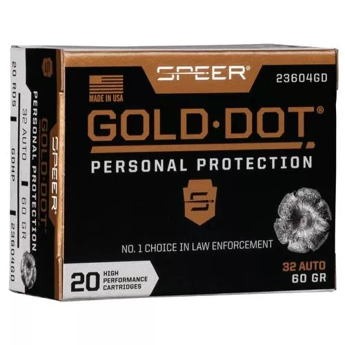 Speer Ammo 23604GD Gold Dot Personal Protection 32 ACP 60 gr Hollow Point (HP) 20 Bx/ 10 Cs