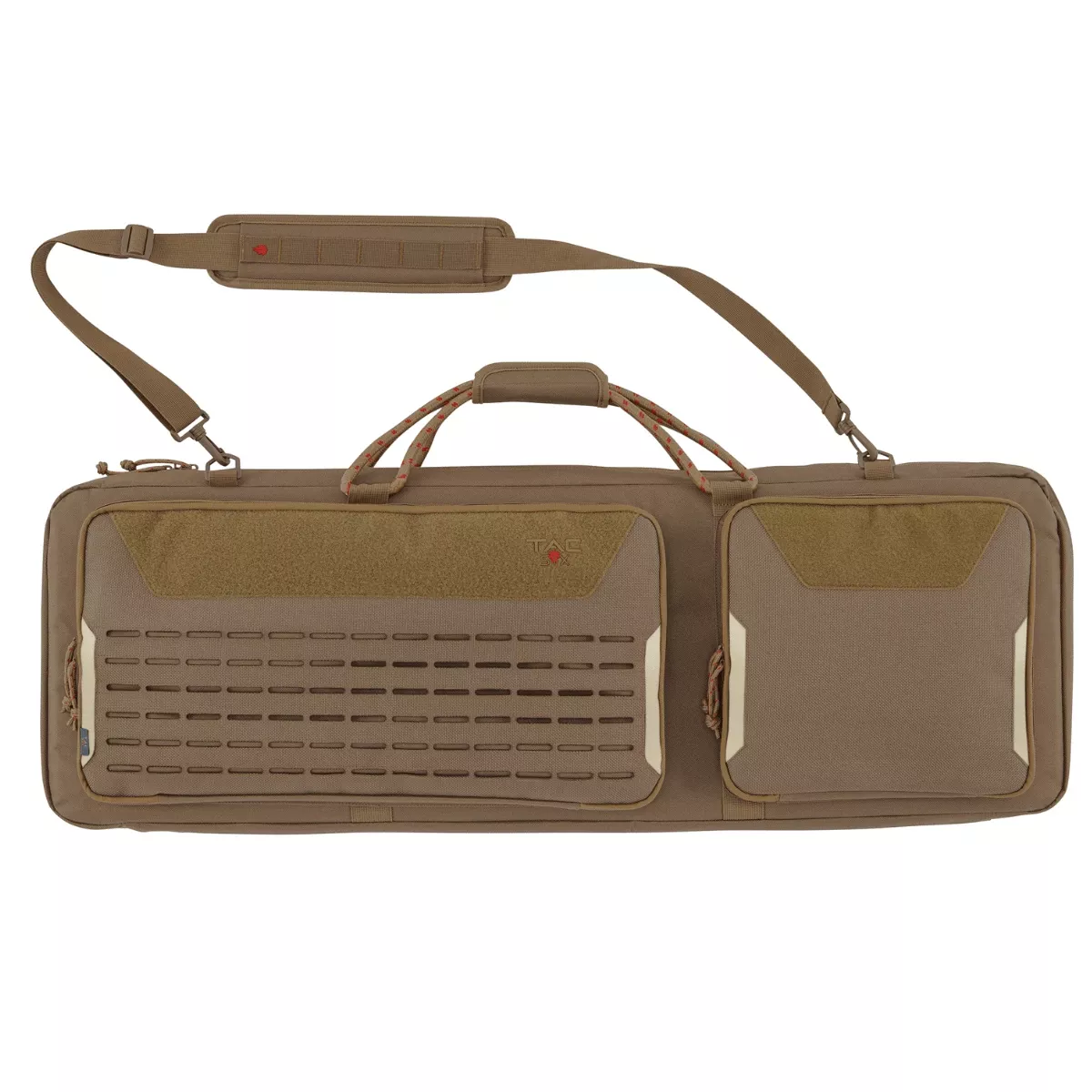 Tac Six 10828 Squad Tactical Case made of Coyote 600D Polyester with Lockable Zippers, MOLLE System, Rope Carry Handles, Elastic Loops, Storage Pockets & Detachable Shoulder Strap 38" L x 13" W x 4.50" H Interior Dimensions