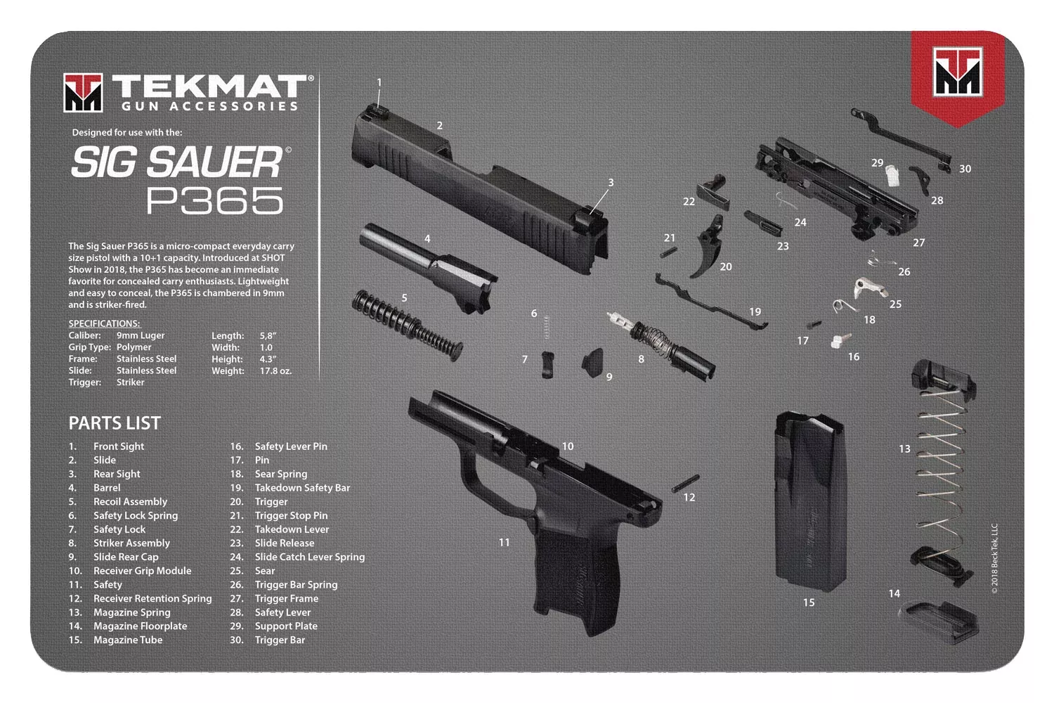 TekMat Armorers Bench Mat 11"x17" Sig Sauer P365 Black Rubber