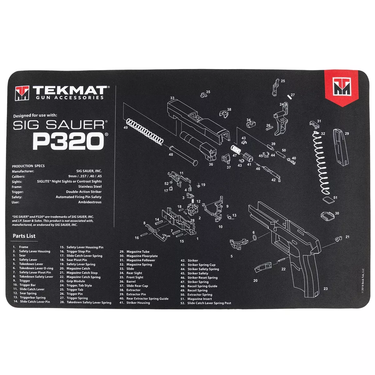 TekMat Black/White Rubber 17" Long 11" x 17" Sig P320 Parts Diagram Illustration