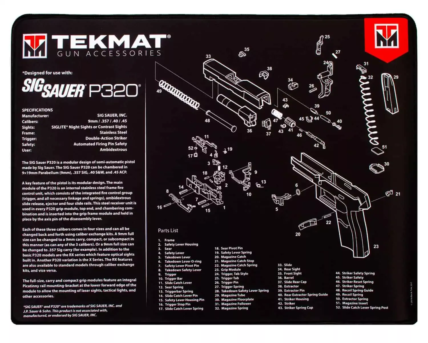 TekMat TEKR20SIGP320 Sig Sauer P320 Ultra 20 Cleaning Mat Black/White Rubber 15″x20″ Sig P320 Parts Diagram