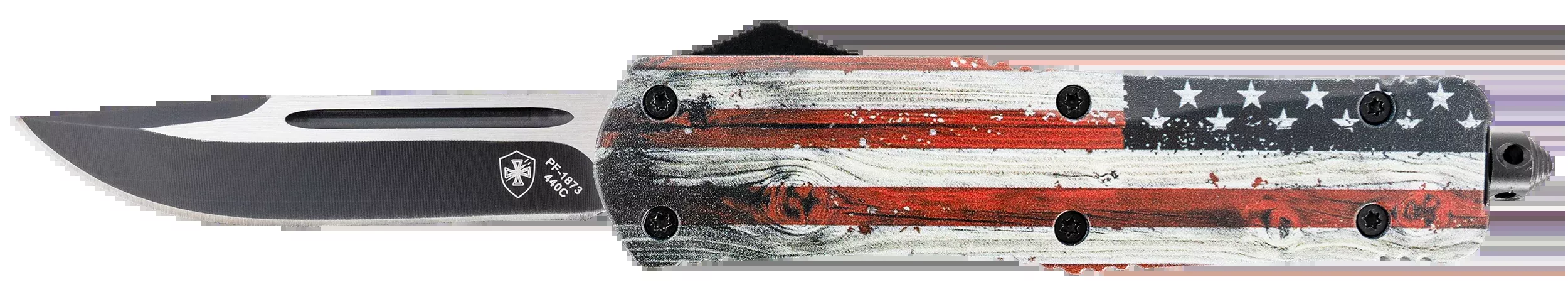 Templar Knife LWUS331 Gen II Wood US Flag Large 3.50" OTF Drop Point Plain Black Oxide Stonewashed 440C Aluminum Handle Glass Breaker