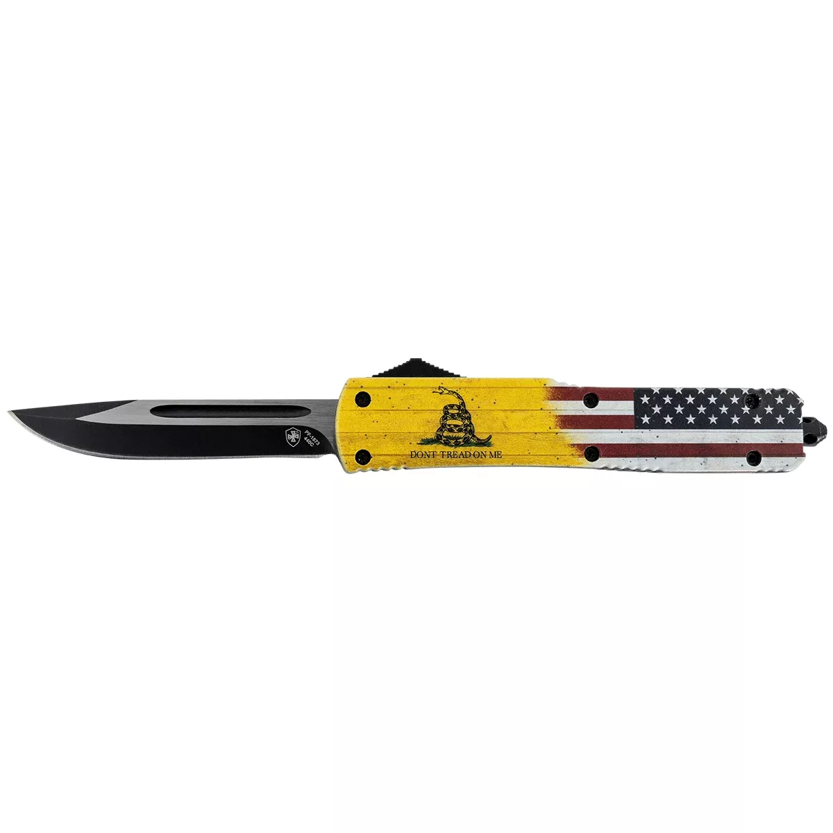 Templar Knife MDTOM331 Don't Tread on Me Gen II Slim 3.50" OTF Drop Point Plain Black 440C SS Blade Red,White,Blue,Yellow Zinc Aluminum Alloy Handle