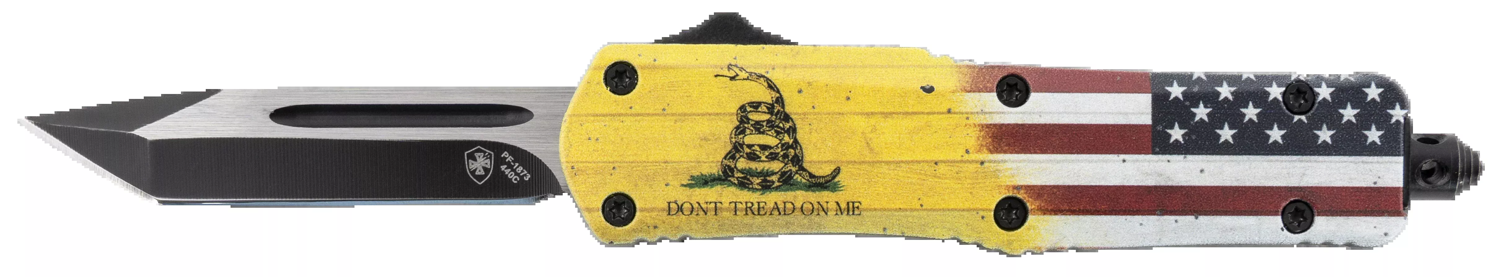Templar Knife S-DTOM-23-1 Gen II Don't Tread On Me Small 2.69" OTF Plain Black Oxide 440C 4.25" Yellow w/Flag & Don't Tread On Me Aluminum Handle Glass Breaker