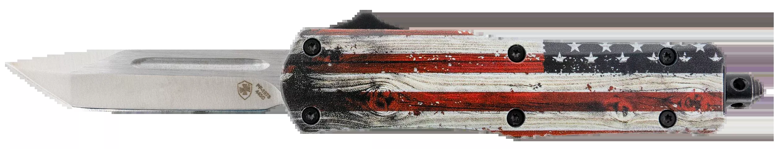 Templar Knife SWUS232 Gen II Wood US Flag Small 2.69" OTF Tanto Plain Powder Coated 440C 4.31" Painted Wood Grain US Flag Aluminum Handle Glass Breaker