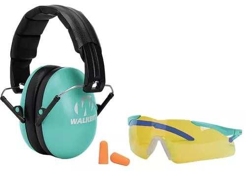 Walkers GWPYWFM2GFPLTL Folding Muff Combo 23 dB Over the Head Folding Muff, Foam Ear Plugs, Shooting Glasses Black/Teal Polymer Fits Youth/Women